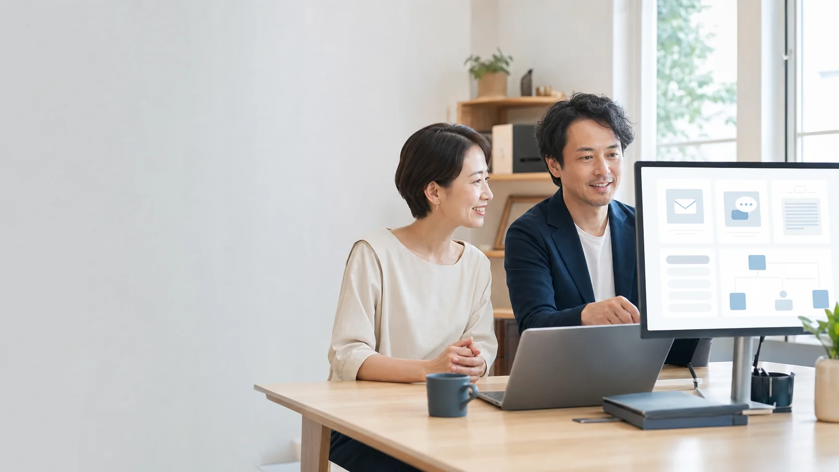 机を挟んでAI導入の相談をする様子